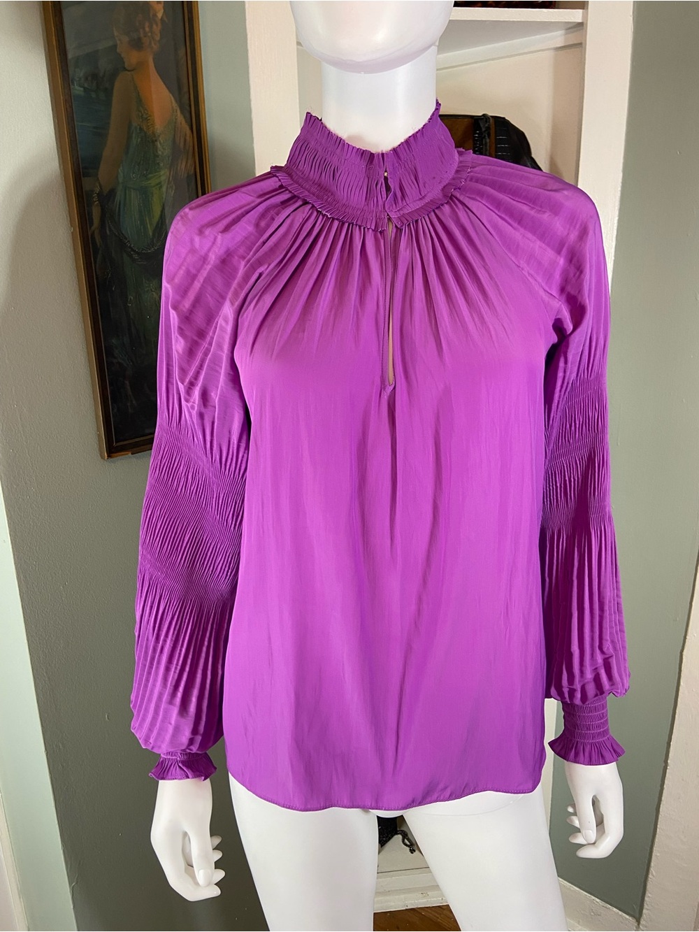 Ramy Brook Purple Smocked Pleat Shirred Neck Long Sleeve Blouse Top Shirt S [TE]